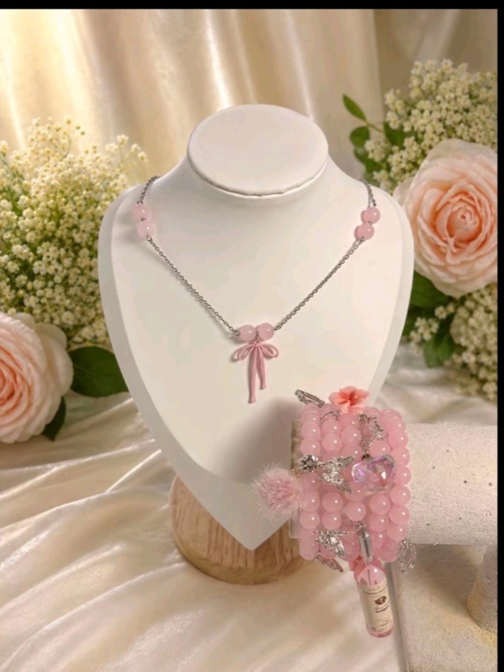 Handmade Pink Bow Pendant Necklace and Beaded Bracelet Set